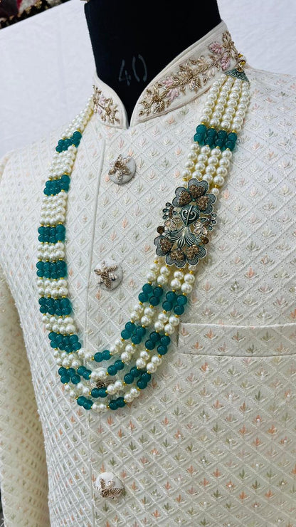 Golden Attire Green Stone detailing Brooch & 4 Layered Pearl Mala Set | Latest Indian Groom Necklace for Sherwani