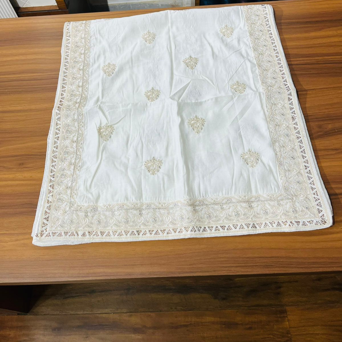 Cream Indian Groom Sherwani Shawl & Turban Set with Embroidered Border