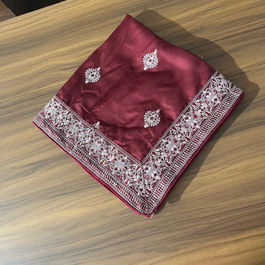 Maroon Wedding Safa Turban & Shawl Set for Groom, Embroidery Border Sherwani Pagri