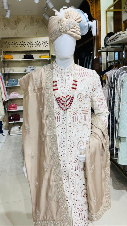 Men's Light Brown Turban & Shawl Set | Elegant Safa Stole with Embroidery for Sherwani