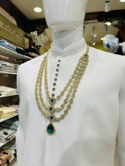 Ivory Kundan Groom Necklace with Green Stone Mala, Sherwani Jewelry Set