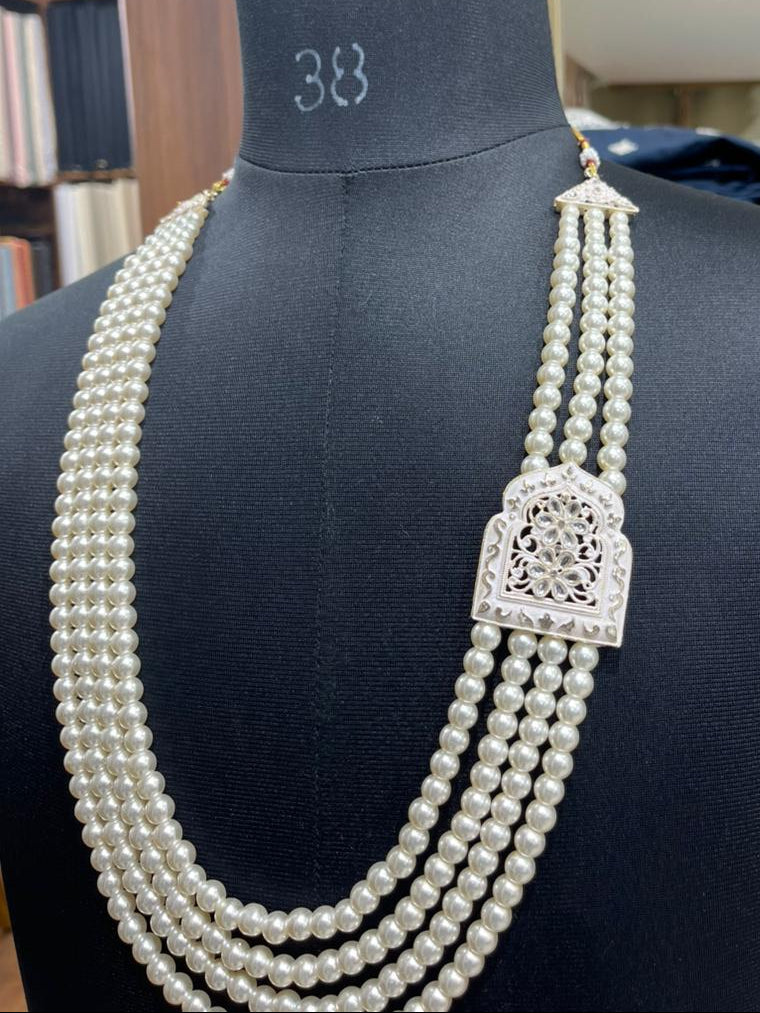 Ivory Pearl Mala for Groom, Kantha Work & Stone Brooch, Wedding Necklace