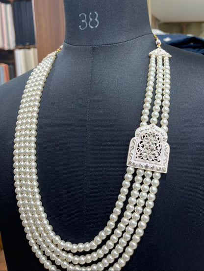 Ivory Pearl Mala for Groom, Kantha Work & Stone Brooch, Wedding Necklace