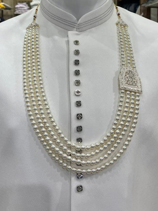 Ivory Pearl Mala for Groom, Kantha Work & Stone Brooch, Wedding Necklace