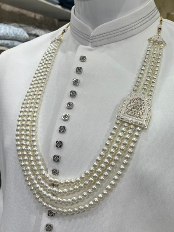 Ivory Pearl Mala for Groom, Kantha Work & Stone Brooch, Wedding Necklace