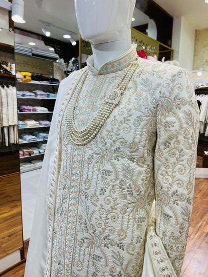 Luxury Ivory Groom Sherwani, Traditional Indian Sherwani Wedding Outfit
