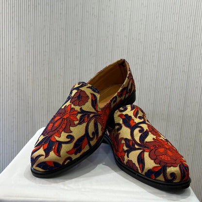 Beige & Red Multicolor Elegant Groom Loafers, Premium Sherwani Wedding Shoes