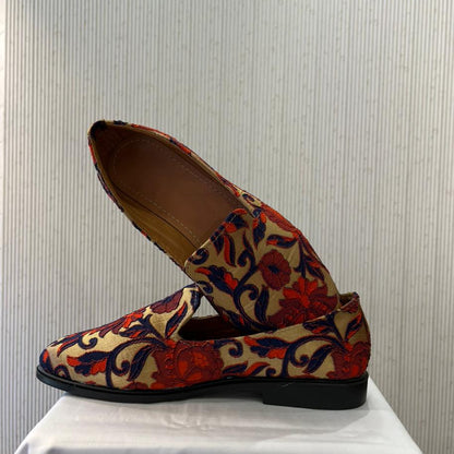 Beige & Red Multicolor Elegant Groom Loafers, Premium Sherwani Wedding Shoes