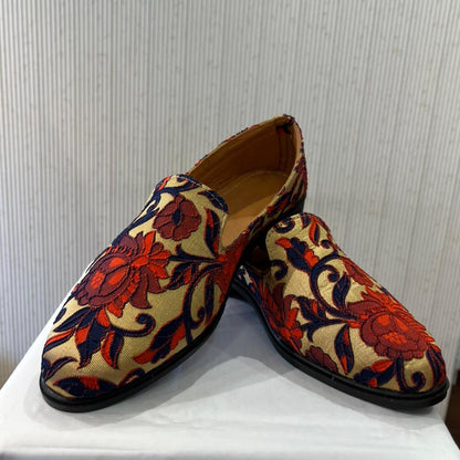 Beige & Red Multicolor Elegant Groom Loafers, Premium Sherwani Wedding Shoes