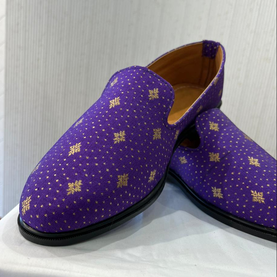Handmade Indian Wedding Mojari Loafers for Men | Purple & Beige Elegant Groom Shoes for Sherwani