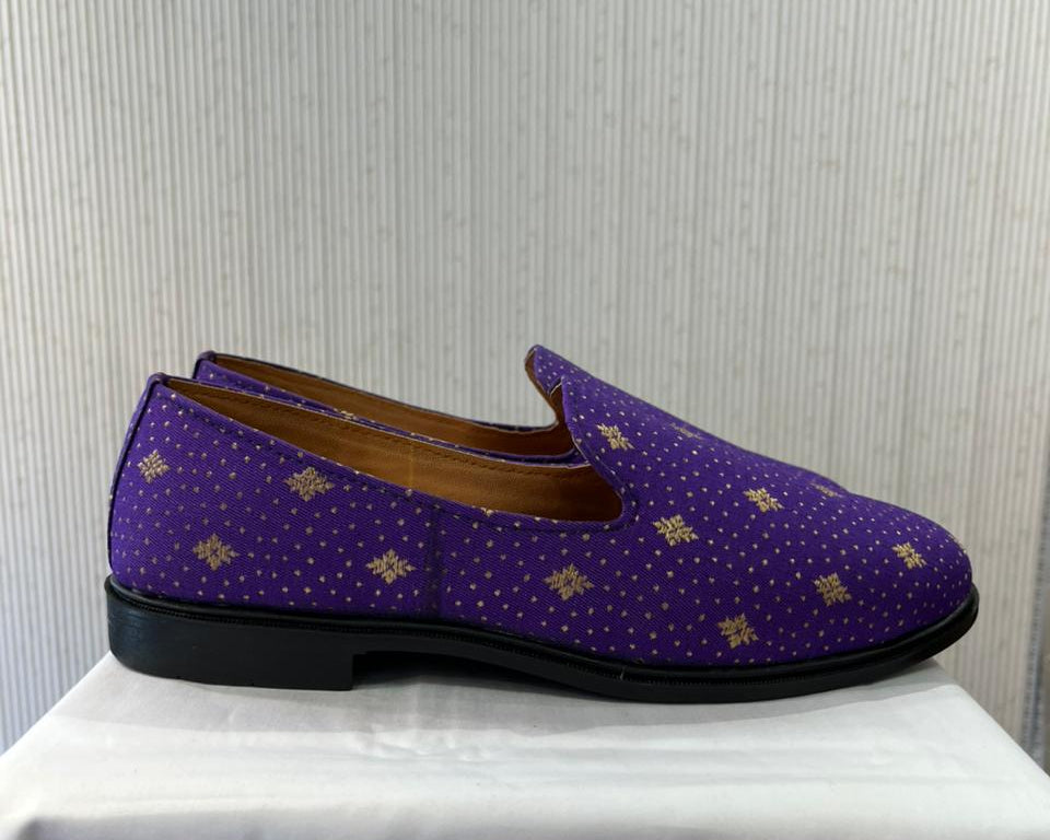 Handmade Indian Wedding Mojari Loafers for Men | Purple & Beige Elegant Groom Shoes for Sherwani