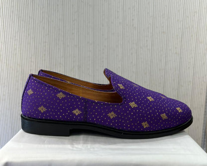 Handmade Indian Wedding Mojari Loafers for Men | Purple & Beige Elegant Groom Shoes for Sherwani