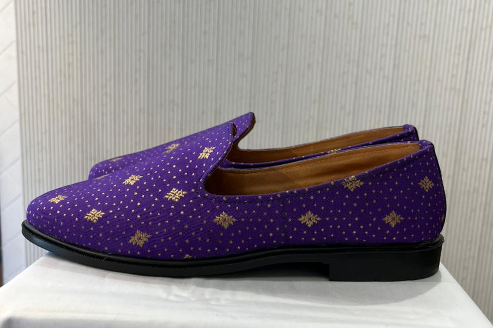Handmade Indian Wedding Mojari Loafers for Men | Purple & Beige Elegant Groom Shoes for Sherwani
