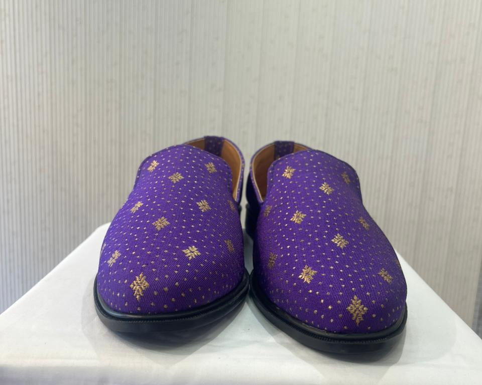 Handmade Indian Wedding Mojari Loafers for Men | Purple & Beige Elegant Groom Shoes for Sherwani