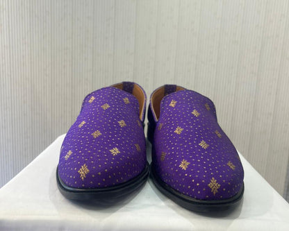 Handmade Indian Wedding Mojari Loafers for Men | Purple & Beige Elegant Groom Shoes for Sherwani