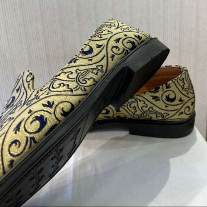 Handmade Beige & Navy Blue Mojari Loafers for Groom, Elegant Sherwani Shoes
