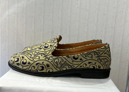 Handmade Beige & Navy Blue Mojari Loafers for Groom, Elegant Sherwani Shoes