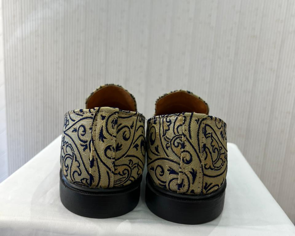 Handmade Beige & Navy Blue Mojari Loafers for Groom, Elegant Sherwani Shoes