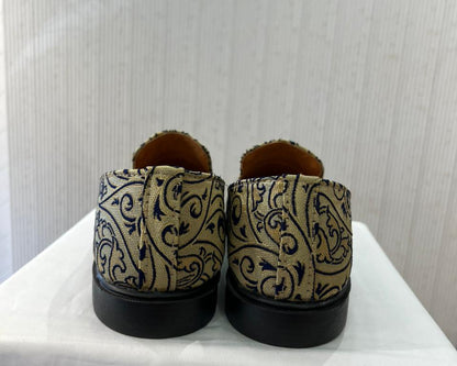 Handmade Beige & Navy Blue Mojari Loafers for Groom, Elegant Sherwani Shoes