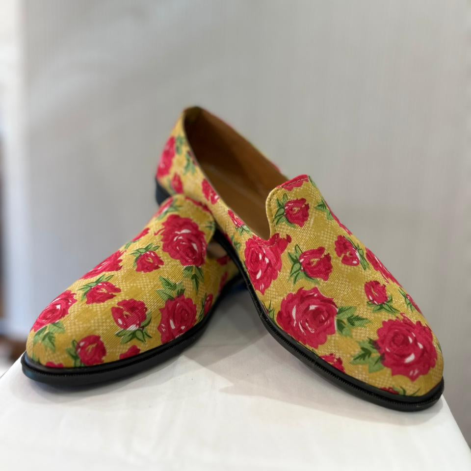 Mustard Yellow Floral Wedding Loafers, Handmade Mojari for Sherwani