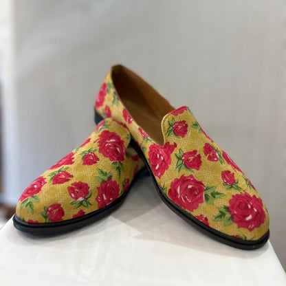 Mustard Yellow Floral Wedding Loafers, Handmade Mojari for Sherwani