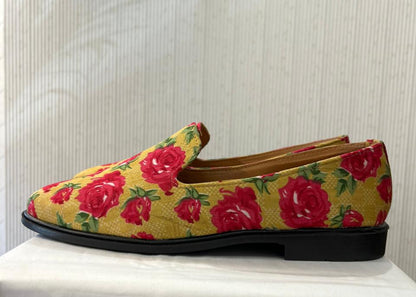 Mustard Yellow Floral Wedding Loafers, Handmade Mojari for Sherwani