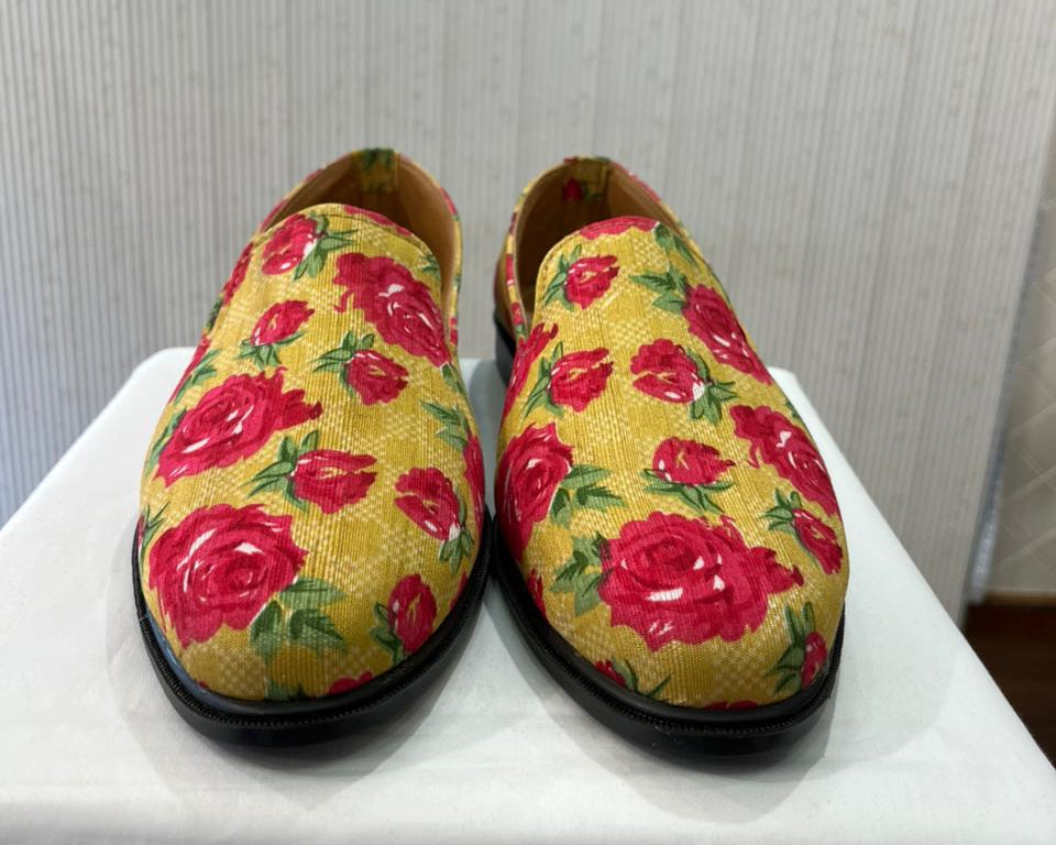 Mustard Yellow Floral Wedding Loafers, Handmade Mojari for Sherwani