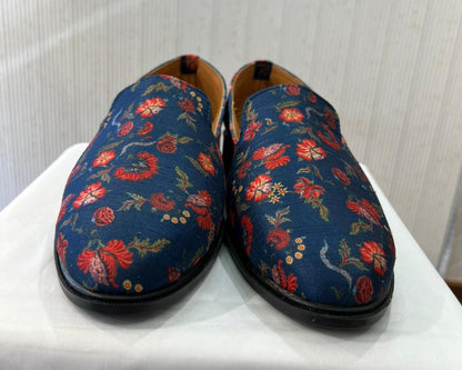 Navy Blue Handmade Mojari Loafers | Elegant Sherwani Shoes for Indian Groom