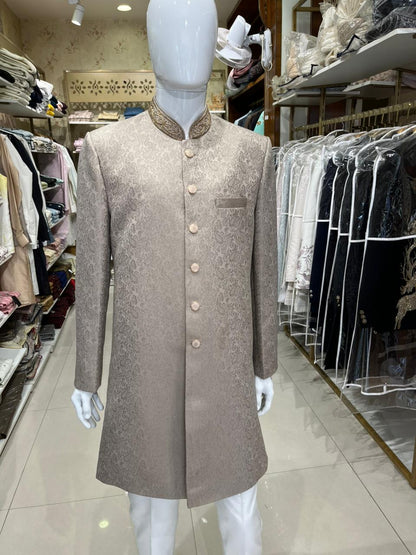Royal Beige Indo-Western Sherwani Suit for Groom, Custom Tailored Silk Men's Achkan Kurta for Wedding, Reception