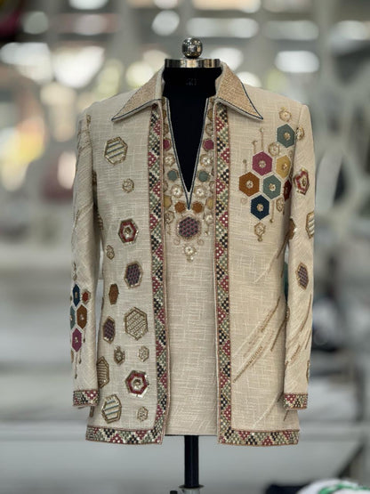 Hand Embroidered Beige Khadi Linen Indo Western Suit for Men