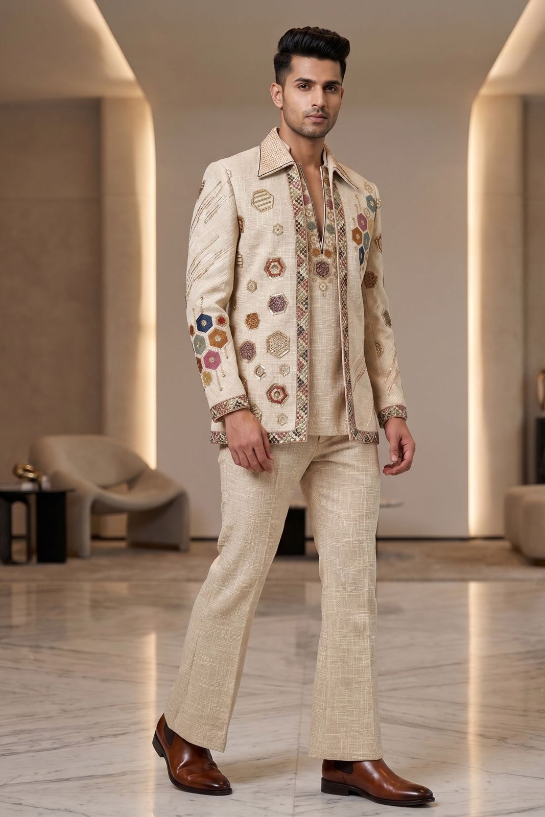 Hand Embroidered Beige Khadi Linen Indo Western Suit for Men