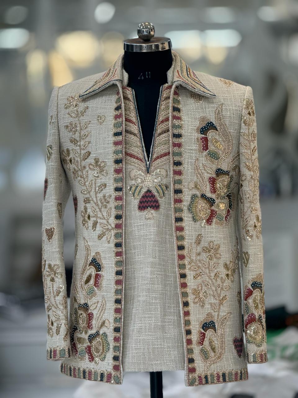 Hand Embroidered Beige Khadi Linen Indo Western Suit for Men