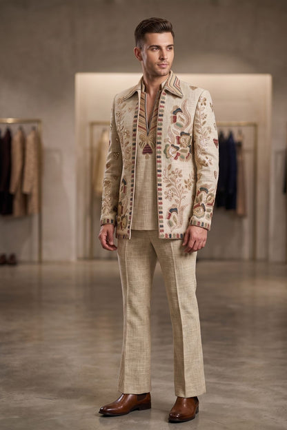 Hand Embroidered Beige Khadi Linen Indo Western Suit for Men