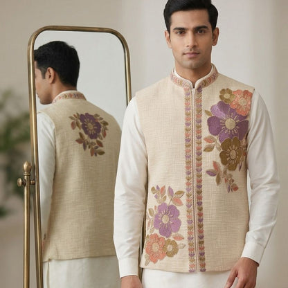 Men Floral Nehru Jacket Kurta Pajama Set | Khadi Linen Embroidered Nehru Jacket with Silk Kurta Set
