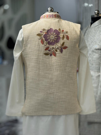 Men Floral Nehru Jacket Kurta Pajama Set | Khadi Linen Embroidered Nehru Jacket with Silk Kurta Set