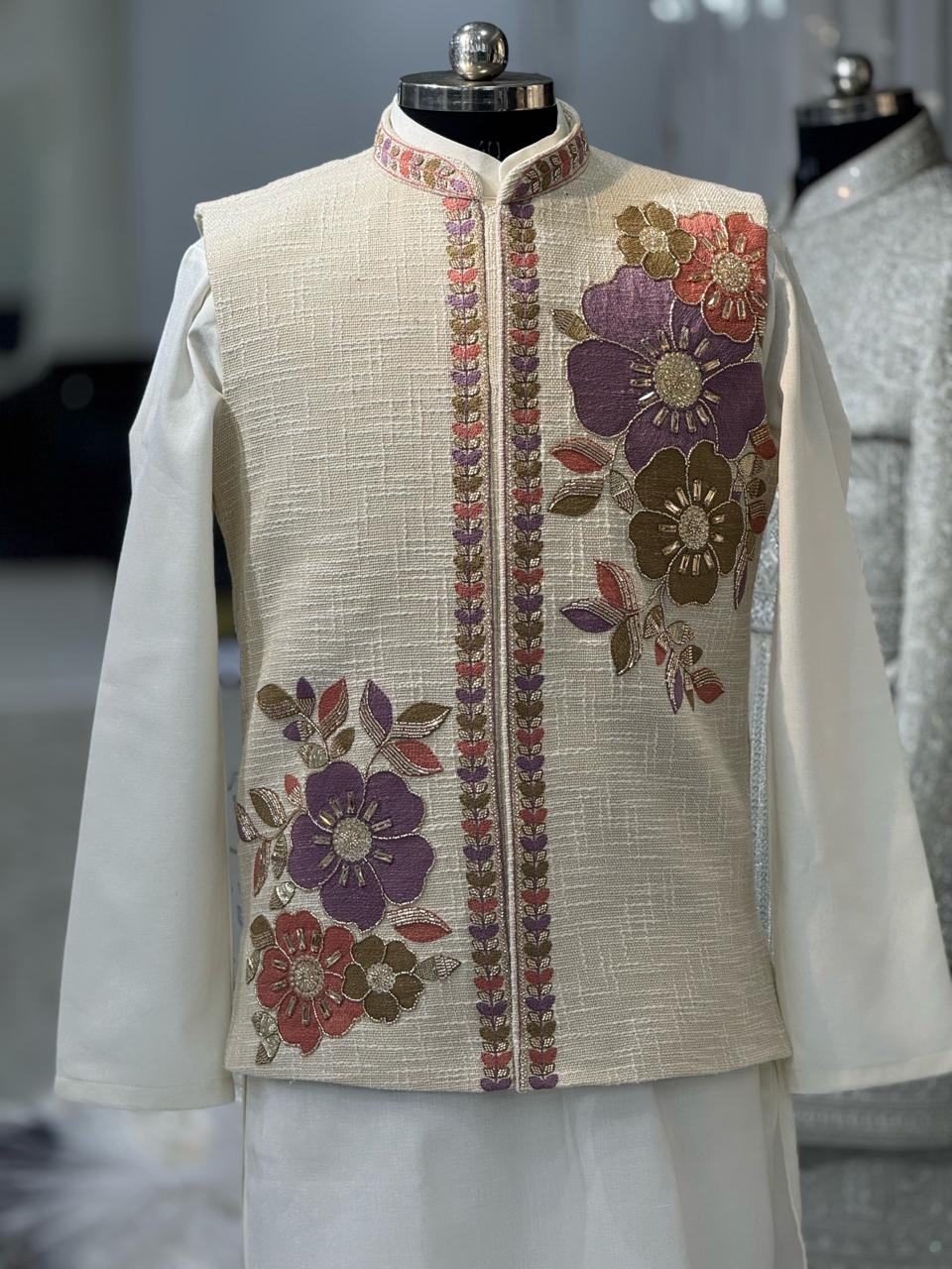 Men Floral Nehru Jacket Kurta Pajama Set | Khadi Linen Embroidered Nehru Jacket with Silk Kurta Set