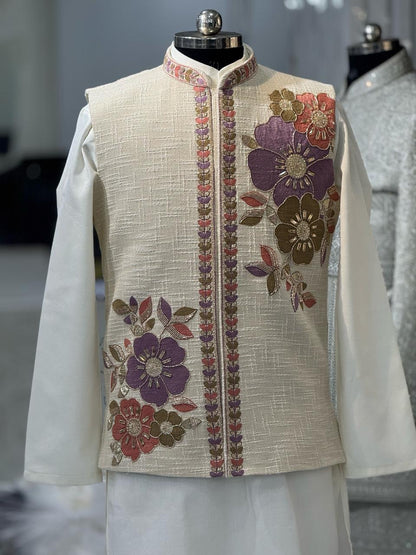 Men Floral Nehru Jacket Kurta Pajama Set | Khadi Linen Embroidered Nehru Jacket with Silk Kurta Set