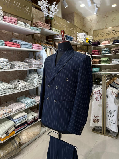 Navy Blue Pinstripe Suit, Men's Double Breasted Suit