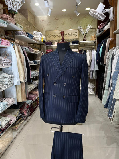 Navy Blue Pinstripe Suit, Men's Double Breasted Suit