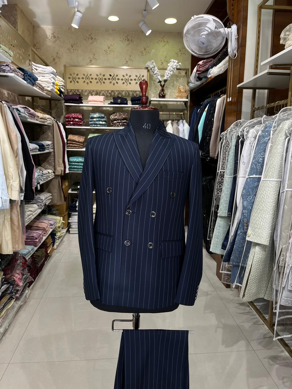 Navy Blue Pinstripe Suit, Men's Double Breasted Suit