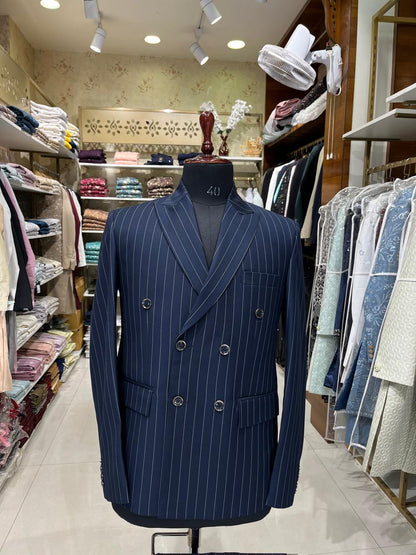 Navy Blue Pinstripe Suit, Men's Double Breasted Suit