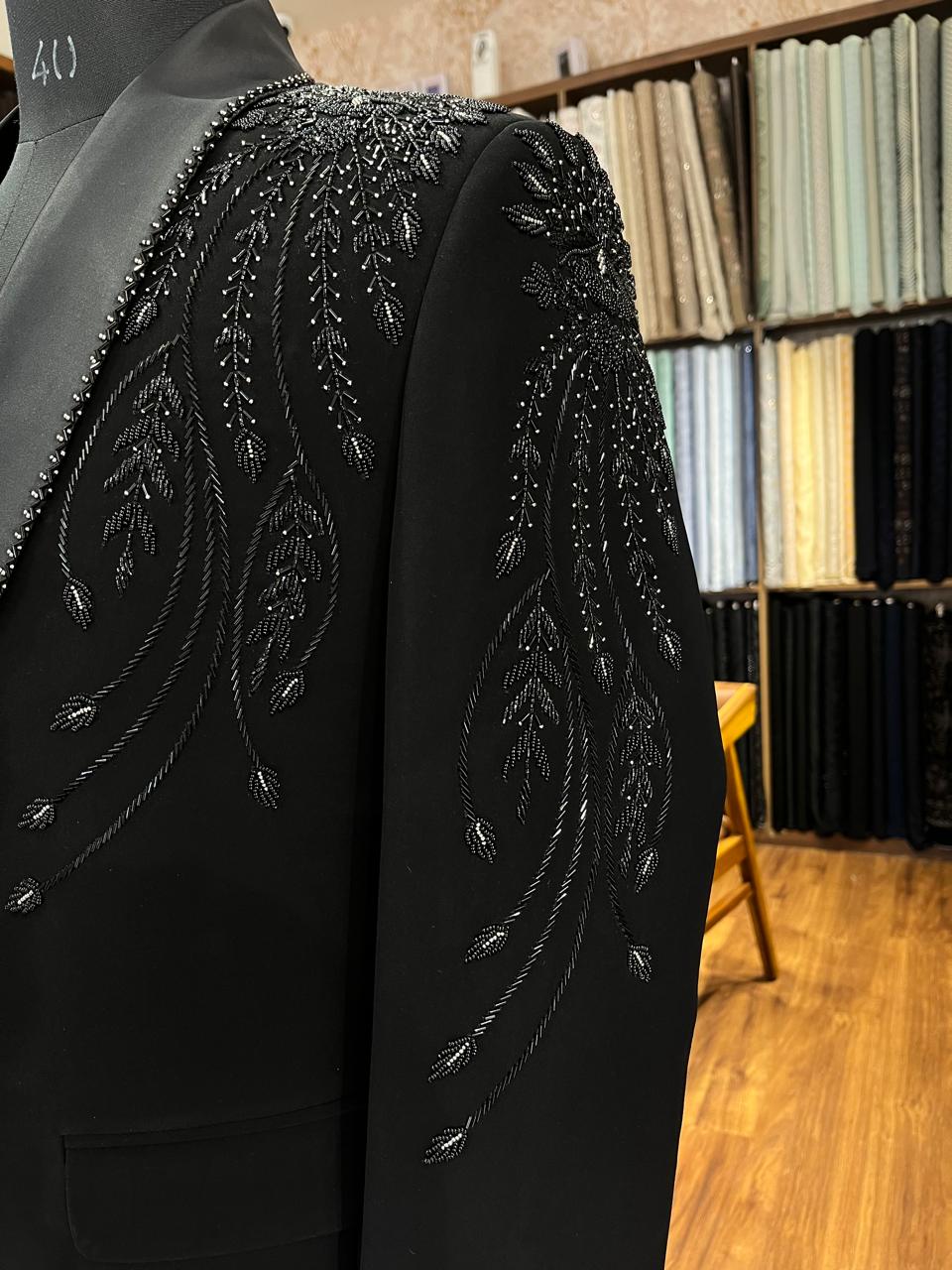 Black Beaded Tuxedo Suit for Men