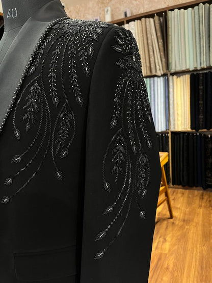 Black Beaded Tuxedo Suit for Men