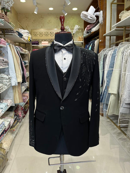 Black Beaded Tuxedo Suit for Men