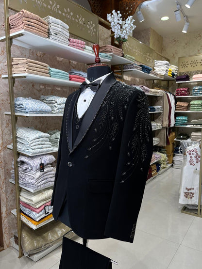 Black Beaded Tuxedo Suit for Men
