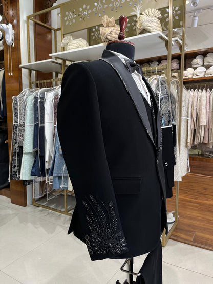 Black Beaded Tuxedo Suit for Men