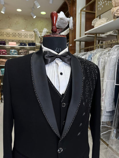 Black Beaded Tuxedo Suit for Men