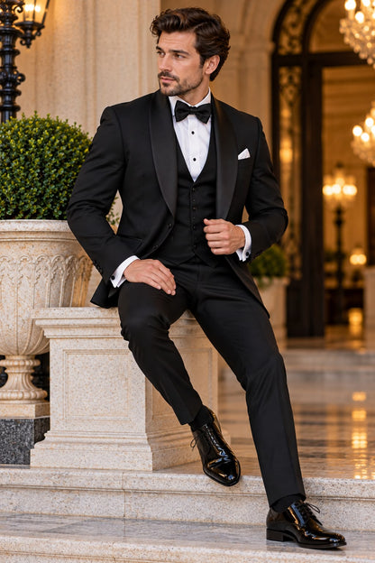 Black Three Piece Tuxedo, Shawl Lapel Dinner Suit