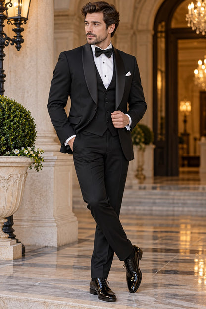 Black Three Piece Tuxedo, Shawl Lapel Dinner Suit