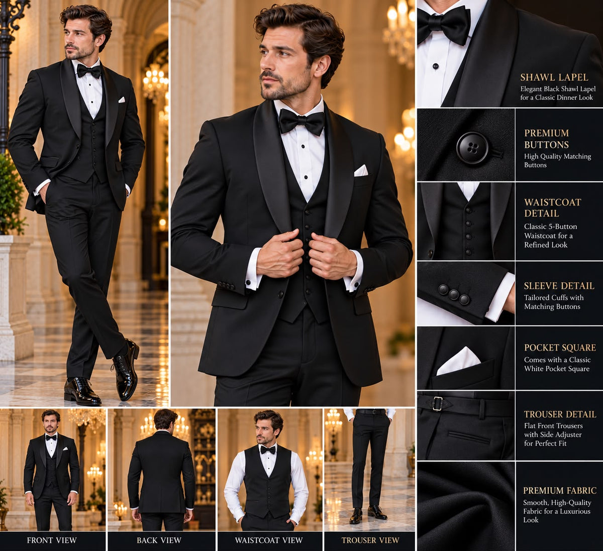 Black Three Piece Tuxedo, Shawl Lapel Dinner Suit